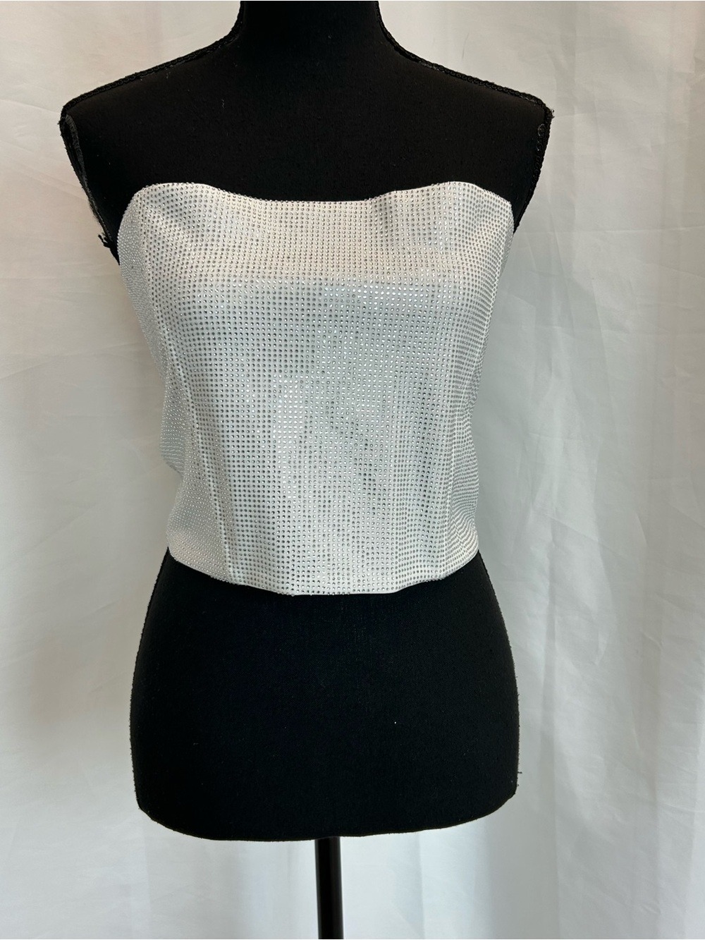Zara White silver rhinestone embellished strapless corset bustier crop top Sz L - Picture 4 of 13
